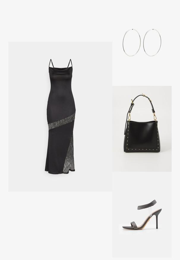 Sort satin kjole med spaghettistropper, der har en blondeaccent langs en diagonal søm og en sideslids for ekstra detalje.; Sort hæl sandal med en gennemsigtig rem, tekstureret overdel og slank stiletto-hæl. Har et bredt frontbånd og glitrende detaljer.; Sort læderhandtaske med en struktureret form, der har guldnitter langs kanterne og et aftageligt bånd med guldhardware-detaljer.; Sølvøreringe med en glat, rund design og en poleret overflade. De er tynde og lette, og har en simpel lås.