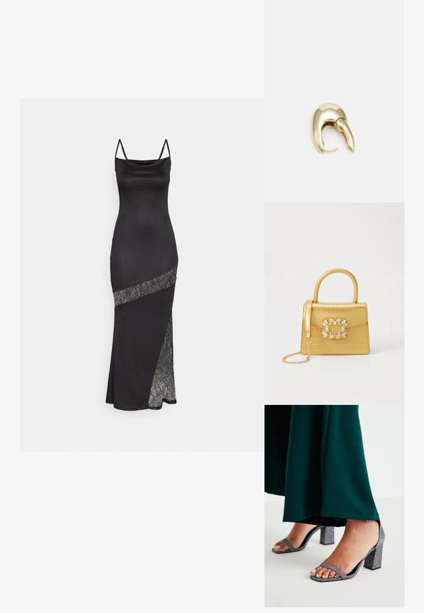 Juodas atlasinis suknelė su spaghetti petnešėlėmis, turinti nėrinių akcentą palei įstrižą siūlę ir šoninį įdūrimą papildomai detalei.; Sidabriniai blizgūs blokiniai kulniukai su dviem plonomis dirželių ir kvadratuoto piršto dizainu. Pora tamsiai žalia ilgai suknelė.; Geltonas dirbtinės krokodilo odos rankinukas su standžiu dizainu, viršutine rankena, nuimamu grandininiu dirželiu ir dekoratyviniu krištolo papuošimu ant užsegimo.; Aukso tono metalinės auskarai su stilingu, kreiviu dizainu. Išsiskiria ryškiu smailiu pavidalu, poliruota paviršiumi ir užsegimu su vyriu.