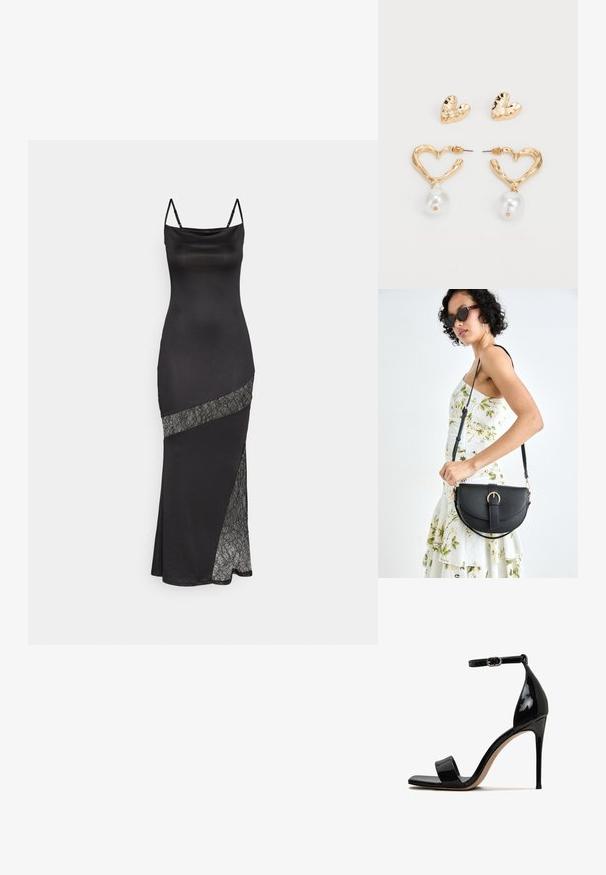Zwarte satijnen jurk met spaghettibandjes, voorzien van een kantaccent langs een diagonale naad en een zijsplit voor extra detail.; Zwarte lakleren hoge hak sandaal met een open teen, enkelbandje en een slanke, glanzende afwerking. Heeft een slank stiletto-hak.; Zwarte leren handtas met een gebogen vorm, afneembare schouderband en gouden hardware. De tas heeft een klep met een gespsluiting.; Goudkleurige, hartvormige oorbellen met een gestructureerde afwerking, voorzien van een hangende parelaccent. Inclusief bijpassende hartvormige studs.