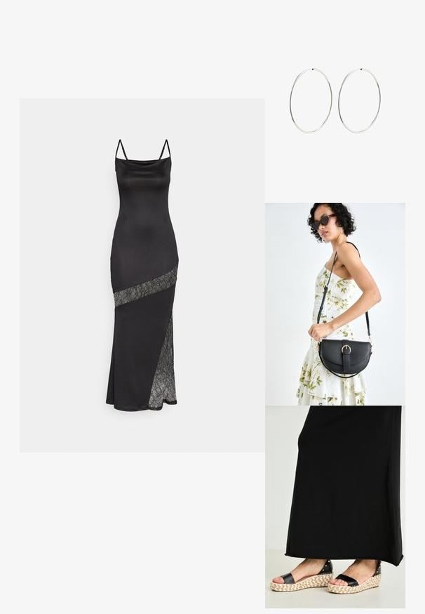 Svart satin klänning med spagettiband, med en spetsdetalj längs en diagonalsömn och en sidoklyvning för extra detalj.; Svarta espadrille-sandaaler med en vävd juteplattform och texturerade svarta remmar, med metallnitar för extra detalj.; Svart läderhandväska med en böjd form, avtagbar rem och guldiga detaljer. Väskan har ett lock med en spänndetalj.; Silverfärgade hoopörhängen med en slät, rund design och en polerad yta. De är tunna och lätta, med en enkel spänne.
