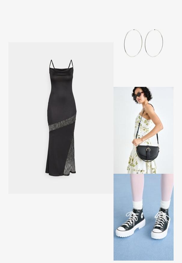 Black satin dress with spaghetti straps, featuring a lace accent along a diagonal seam and a side slit for added detail.; Black high-top sneakers with white soles and laces, featuring a circular logo on the side and contrasting black stitching. Textured fabric upper.; Black leather handbag with a curved shape, detachable strap, and gold hardware. The bag features a flap with a buckle detail.; Silver hoop earrings with a smooth, round design and a polished finish. They are thin and lightweight, featuring a simple clasp closure.