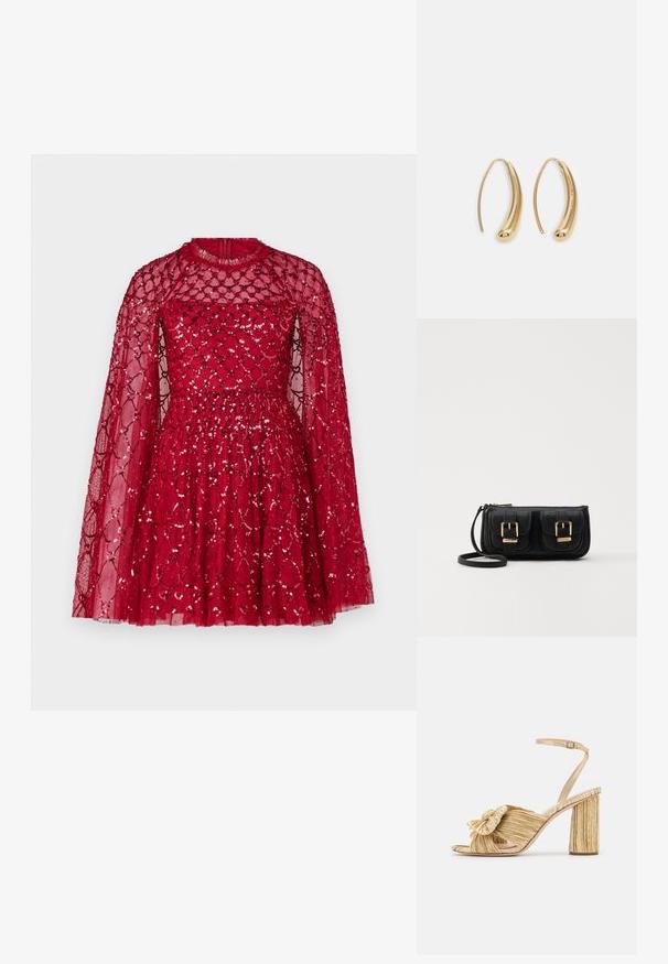 Červené šaty s priliehavým korzetom a rozšírenou sukňou, vyrobené z priesvitného materiálu s diamantom vzorom a flitrovými akcentmi, s dlhými plášťovými rukávmi.; Zlaté sandále na podpätku s uzlom vpredu, s plisovanou štruktúrou a remienkom okolo členka. Blokový podpätok má ryhovaný dizajn, čo zlepšuje priľnavosť.; Čierna kožená crossbody taška s dvoma prednými vreckami, zlatými sponami, zipsovým uzatváraním a úzkym popruhom. Štruktúrovaný povrch a kompaktný obdĺžnikový tvar.; Náušnice vo forme zlatých kovových kruhov s zakriveným, predĺženým tvarom. Majú hladký, lesklý povrch a zaoblený koniec pre pridanie detailu.