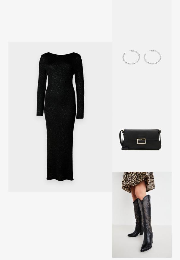 Černé šaty s dlouhým rukávem vyrobené z texturované látky, s přiléhavým střihem a dlouhou délkou, s jemnými třpytkami po celém povrchu.; Nohy v černých kožených cowboyských botách s vysokým sálem a dekorativním prošíváním, v kombinaci s krátkou sukní s leopardím potiskem na bílém pozadí.; Černá kožená psaníčko s klopou a zlatým kovovým detailním sponou. Součástí je černý popruh a elegantní, minimalistický design.; Stříbrné kruhové náušnice s točeným designem, se lesklým povrchem a uzávěrem na kolík. Průměr přibližně 3 cm.