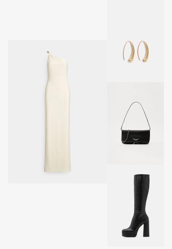 Fitted, one-shoulder gown in cream fabric. Draped bodice with a subtle sheen and decorative hardware accent on the shoulder. Floor-length design.; Black knee-high boots made of smooth leather with a textured finish, featuring a high block heel and a round toe design.; Black leather handbag with a silver chain strap, featuring decorative wing accents and white stitching along the bottom seam.; Gold-tone metal hoop earrings with a curved, elongated shape. Features a smooth, shiny surface and a rounded tip for added detail.