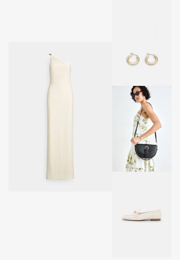 Ugrušena haljina s jednom naramenicom u krem tkanini. Drapirani korzet s diskretnim sjajem i ukrasnim metalnim detaljem na ramenu. Dizajn do poda.; Bijele kožne mokasine s ravnim potplatom, s detaljem kopče u zlatnom tonu i glatkom finišu. Klasičan dizajn s jednostavnim linijama.; Crna kožna torba s lukovitim oblikom, odvojivim remenom i zlatnim detaljima. Torba ima preklop s kopčom.; Lauren Ralph Lauren BASIC SMALL HOOP - Naušnice - gold-coloured