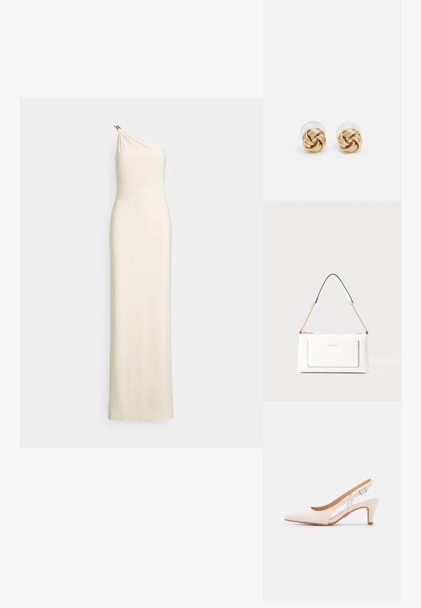 Robe ajustée à une épaule en tissu crème. Corsage drapé avec un léger éclat et un ornement décoratif à l'épaule. Longueur jusqu'au sol.; Talons aiguilles blanches à bride arrière avec un bout pointu, un dessus lisse, un petit talon carré et un design avec découpes latérales et sangle réglable.; Sac à main en cuir blanc avec un fini texturé, doté d'une bandoulière en chaîne dorée et d'accents noirs. Comprend une poche avant et une fermeture éclair.; Boucles d'oreilles avec clou en métal doré et design torsadé. Chaque boucle d'oreille est dotée d'un arrière transparent circulaire pour un port sécurisé.