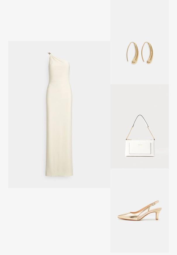 Stramtsiddende, et-skulder kjole i cremefarvet stof. Draperet overdel med en subtil glans og dekorativt hardware-accent på skulderen. Gulvlængde design.; Guldmetallic slingback sko med spids tå, let hæl og justerbar rem. Glat tekstur, elegant design og åbne sider.; Hvid lædertaske med tekstureret overflade, med en guldkædetras og sorte detaljer. Indeholder en frontlomme og lynlås lukning.; Guldfarvede metal hoops øreringe med en bøjet, forlænget form. Har en glat, skinnende overflade og en afrundet spids for ekstra detalje.