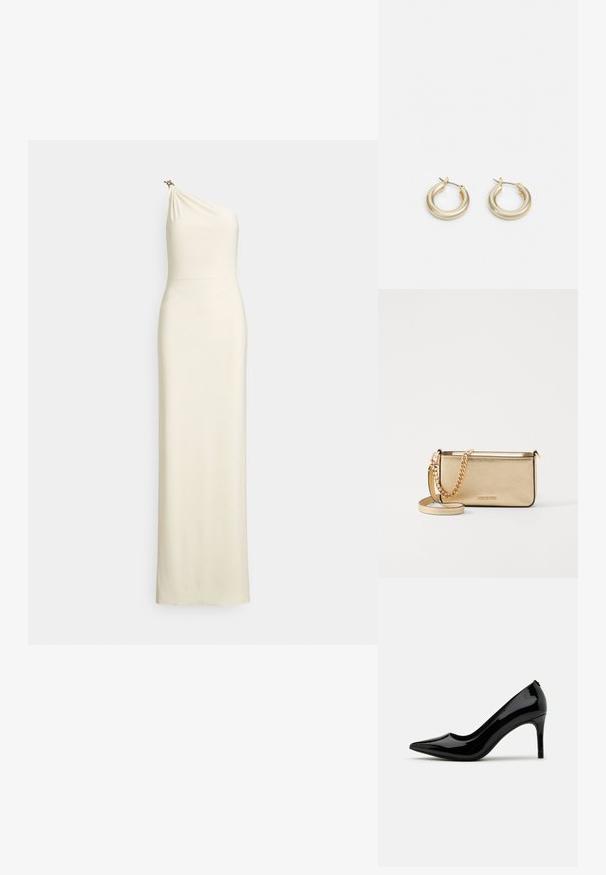 Fitted, one-shoulder gown in cream fabric. Draped bodice with a subtle sheen and decorative hardware accent on the shoulder. Floor-length design.; Black patent leather high-heeled pump with a pointed toe and sleek silhouette, featuring a smooth texture and minimalistic design.; Metallic gold leather clutch with a textured finish, featuring a gold chain strap and a removable shoulder strap. Brand logo embossed.; Lauren Ralph Lauren BASIC SMALL HOOP - Earrings - gold-coloured