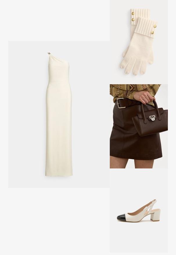 Robe ajustée à une épaule en tissu crème. Corsage drapé avec un léger éclat et un ornement décoratif à l'épaule. Longueur jusqu'au sol.; Chaussure slingback en cuir blanc avec un bout pointu en cuir verni noir. Elle présente un talon bloc et un design découpé sur les côtés.; Sac en cuir marron avec une finition texturée et des accessoires en argent, tenu à la main à côté d'une jupe en cuir marron et d'un pull à motifs.; Gants en laine couleur crème avec des poignets côtelés, ornés de deux boutons décoratifs dorés chacun au sommet des poignets. Texture douce avec des ouvertures pour les doigts.