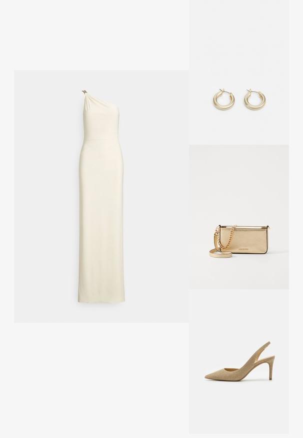 Ugrušena haljina s jednom naramenicom u krem tkanini. Drapirani korzet s diskretnim sjajem i ukrasnim metalnim detaljem na ramenu. Dizajn do poda.; MICHAEL Michael Kors ALINA FLEX SLING - Visoke pete - pale gold; Metalna zlatna kožna torbica s teksturiranom površinom, opremljena zlatnim lancem i uklonjivom naramenicom. Utisnuti logotip branda.; Lauren Ralph Lauren BASIC SMALL HOOP - Naušnice - gold-coloured