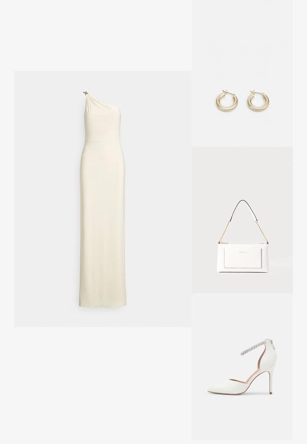 Abito aderente monospalla in tessuto crema. Corpetto drappeggiato con una leggera lucentezza e dettaglio decorativo in metallo sulla spalla. Design lungo fino al pavimento.; Scarpa bianca con tacco alto dal design a punta, realizzata in pelle, con cinturino alla caviglia regolabile decorato con strass e tacco a stiletto sottile.; Borsa a tracolla bianca in pelle con un finish testurizzato, dotata di una tracolla in catena dorata e accenti neri. Include una tasca frontale e una chiusura con zip.; Lauren Ralph Lauren BASIC SMALL HOOP - Orecchini - gold-coloured