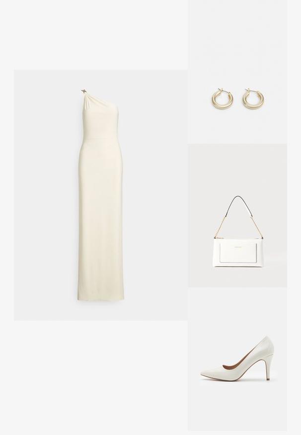 Dopasowana, asymetryczna suknia na jedno ramię w kremowym materiale. Drapowane bodice z subtelnym połyskiem oraz ozdobnym elementem metalowym na ramieniu. Projekt do ziemi.; Białe lakierowane buty na wysokim obcasie z wysmuklonym noskiem i gładką powierzchnią, z cienkim obcasem i niskim krojem wokół otwarcia.; Biała skórzana torebka o teksturowanym wykończeniu, z złotą łańcuszkową rączką i czarnymi akcentami. Zawiera przednią kieszeń oraz zamek błyskawiczny.; Lauren Ralph Lauren BASIC SMALL HOOP - Kolczyki