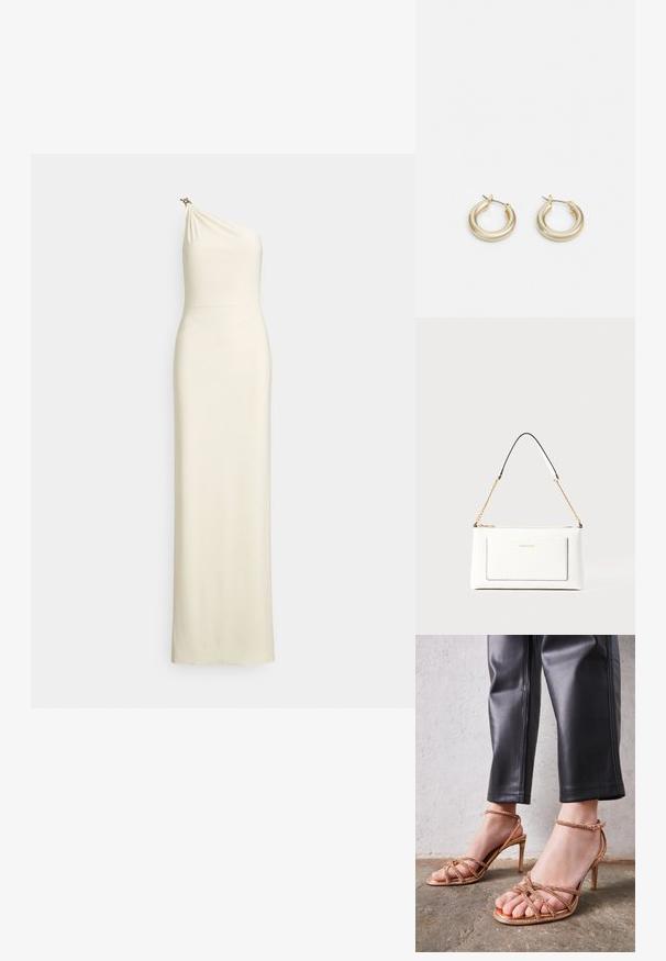 Abito aderente monospalla in tessuto crema. Corpetto drappeggiato con una leggera lucentezza e dettaglio decorativo in metallo sulla spalla. Design lungo fino al pavimento.; Sandali con tacco in rosè presentano cinghie incrociate decorate con piccole perline. I tacchi sono sottili, con finitura lucida e cinghie alla caviglia regolabili.; Borsa a tracolla bianca in pelle con un finish testurizzato, dotata di una tracolla in catena dorata e accenti neri. Include una tasca frontale e una chiusura con zip.; Lauren Ralph Lauren BASIC SMALL HOOP - Orecchini - gold-coloured