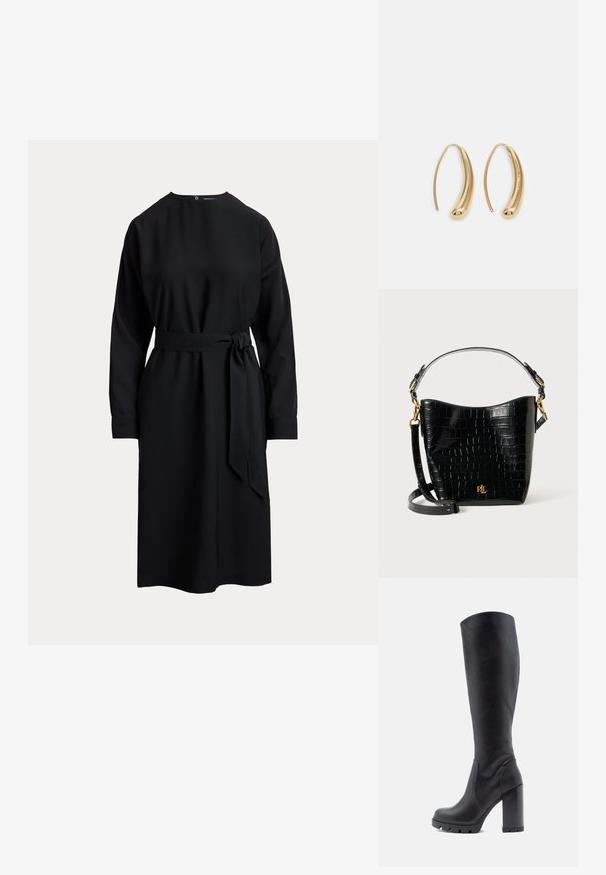 Čierna dlhá rukávová šaty s vysokým golierom, opásaným pásom a priamym strihom. Vyrobené z hladkej tkaniny, so zapínaním na gombíky na zadnej strane.; Čierna čižma po kolená, hladký kožený materiál, robustný podpätok, zaoblená špička, textúrovaná podrážka s gripom, elegantný dizajn bez ozdôb.; Čierna kabelka z kože s embosovaným hadím vzorom, zakriveného tvaru, so zlatými kovovými doplnkami, nastaviteľným popruhom a detailom loga na prednej strane.; Náušnice vo forme zlatých kovových kruhov s zakriveným, predĺženým tvarom. Majú hladký, lesklý povrch a zaoblený koniec pre pridanie detailu.