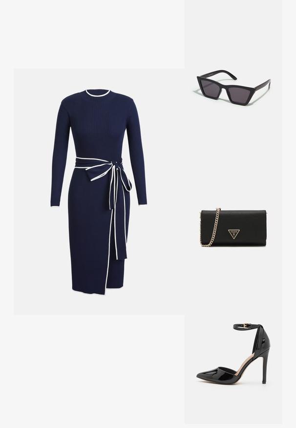 Námornícky pruhovaný pletený šaty s dlhými rukávmi, okrúhlym výstrihom a bielym lemovaním. Má opasok na viazanie v páse a bočný rozparok pre detail.; Čierna lakovaná kožená vysoká topánka s špicatou špičkou, remienkom okolo členka a štíhlým stiletto podpätkom. Hladká textúra s lesklým povrchom.; Čierne, ostré slnečné okuliare so sivými sklami; vyrobené z plastu, majú hrubé ramená s hladkým povrchom a bez viditeľnej mechaniky.; Čierna crossbody taška s textúrovaným povrchom, vybavená zlatým reťazovým popruhom a zlatou trojuholníkovou logom doskou na prednej strane.; Tenký, leštený zlatý náramok s hladkým, okrúhlym tvarom a jemným brandingom. Disponuje bezšvovým dizajnom a minimalistickou estetikou.