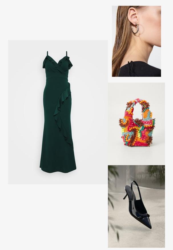 Sukienka w kolorze szmaragdowej zieleni z ramiączkami, falbanką przy dekolcie i opadającą falbaną po boku. Wykonana z gładkiego materiału, dopasowany krój.; Czółenka na wysokim obcasie z czarnej lakierowanej skóry, z wyciągniętym noskiem i dekoracyjną klamrą, uniesione nad jasną, popękaną podłogą.; Torebka z koralikami w żywych kolorach: różowym, pomarańczowym, niebieskim i brązowym. Teksturowana powierzchnia z okrągłymi koralikami i organicznymi kształtami, mocne uchwyty.; Srebrny kolczyk w kształcie koła z polerowanym wykończeniem, z małymi złotymi akcentami, noszony na płatku ucha.