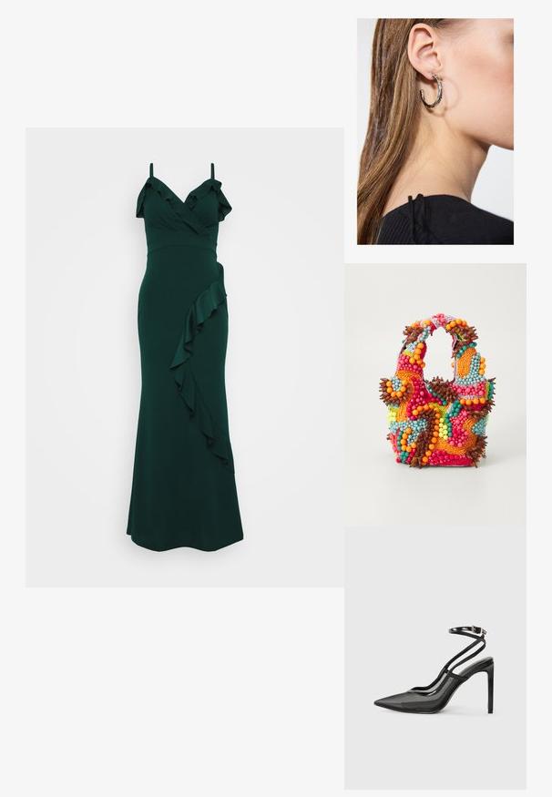 Smaragdzaļš kleita ar plecu siksnām, viļņota izgriezuma daļa un plūstoša frēze gar sānu. Izgatavota no gludas auduma, pieguļošs dizains.; Melnas augstpapēžu kurpes ar norādītu pirkstu, sietu un patentētas ādas kombināciju, potītes siksniņa ar sprādzi, eleganta silueta.; Pērlīšu somiņa ar spilgtām krāsām: rozā, oranža, zila un brūna. Teksturēta virsma ar apaļām pērlītēm un organiskām formām, izturīgas rokturi.; Sudraba auskars ar pulētu apdari, ar maziem zelta akcentiem un apaļu formu, uz ausu ļipiņas.