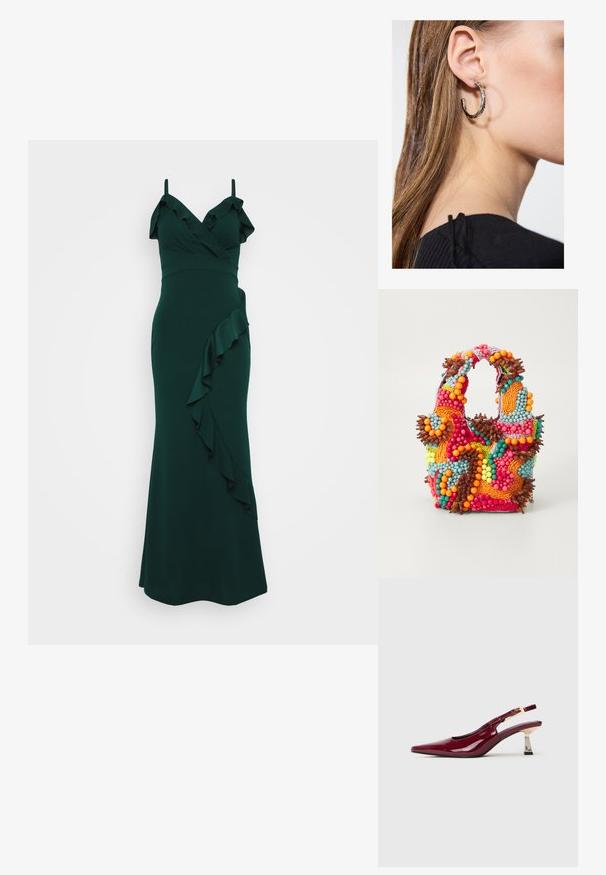 Smaragdrohe kleit, millel on õlapaelad, volangiga kaelus ja küljes langev volang. Valmistatud siledast kangast, keha vormiv disain.; Kläbige burgundi punaste varvastega slingback-käised, millel on kuldse tooni klamber ja keskmise kõrgusega metallblokk-kreen valgel taustal.; Pärlitega käsitasku, millel on elavad värvid: roosa, oranž, sinine ja pruun. Tekstuuriga pind ümmarguste pärlite ja orgaaniliste kujunditega, tugevad sangad.; Hõbedane rõngas kõrvarõngas poleeritud viimistlusega, millel on väikesed kuldsed aktsendid ja ümmargune kuju, kantud lobus.