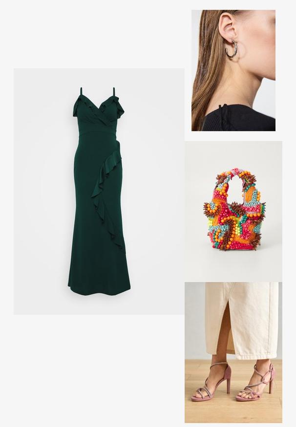 Mehendi vihreä mekko, jossa on olkaimet, rypistytty kaula-aukko ja valumisriivari sivulla. Valmistettu sileästä kankaasta, vartalonmyötäinen muoto.; Vaaleanpunaiset mokkasaappaat korkealla korolla, joissa on ristikkäiset hihnat ja hopeiset koristelut. Kenkien muotoilu on avonainen varvasosa ja teksturoitu pinta.; Käsiveski, mis on kaunistatud elavate värvidega: roosa, oranž, sinine ja pruun. Tekstuuriga pind ümmarguste helmed ja orgaanilised kujundid, vastupidavad käepidemed.; Hopea renkaankorvakoru kiiltävällä pinnalla, jossa on pieniä kultaisia yksityiskohtia ja pyöreä muoto, käytetty korvalla.