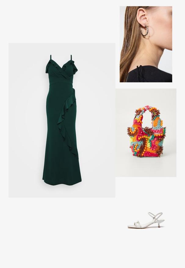 Smaragdrohe kleit, millel on õlapaelad, volangiga kaelus ja küljes langev volang. Valmistatud siledast kangast, keha vormiv disain.; Valge rihmadega sandaal, millel on madal plokk-konts, lame tall ja reguleeritav pahkluu rihm. Sile materjal ja lihtne disain.; Pärlitega käsitasku, millel on elavad värvid: roosa, oranž, sinine ja pruun. Tekstuuriga pind ümmarguste pärlite ja orgaaniliste kujunditega, tugevad sangad.; Hõbedane rõngas kõrvarõngas poleeritud viimistlusega, millel on väikesed kuldsed aktsendid ja ümmargune kuju, kantud lobus.