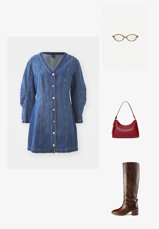 Modrá džínová šaty s výstrihom do V, dlhými rukávmi a zapínaním na gombíky. Obsahuje kontrastné prešívanie a vrecká po stranách.; L37 SIMPLE LIFE - Čižmy - brown; Korytnačkové okuliare s oválnymi šošovkami a hladkým, lesklým povrchom. Majú tenké strany s jemným zakrivením na spánkoch. Priehľadné šošovky.; Červená kožená taška cez rameno s zakriveným dizajnom, hladkou textúrou a zipsovým uzáverom. Obsahuje tenký popruh na nosenie.