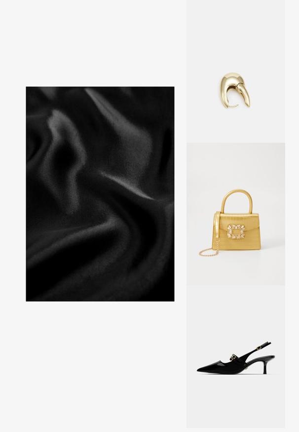 Must tumes, millel siledust, millel uhke ohutest, mis loovad dünaamilise välimuse. Ükslane värv kogu ulatuses.; Mustmust must-leather slingback-kõrged kontsad terava ninaga, millel on kaks kuldset klambrit ja peen stiletto-konts.; Kollane faux-krokodilli käsipindaga kott, millel on struktureeritud disain, ülemine käepide, eemaldatav kettmass ja dekoratiivne kristallkaunistus klambril.; Kuldtooni metallist kõrvarõngas, millel on elegantne ja kaarjas disain. Omab silmapaistvat teravat kuju, poleeritud pinda ja hingesulgemist.