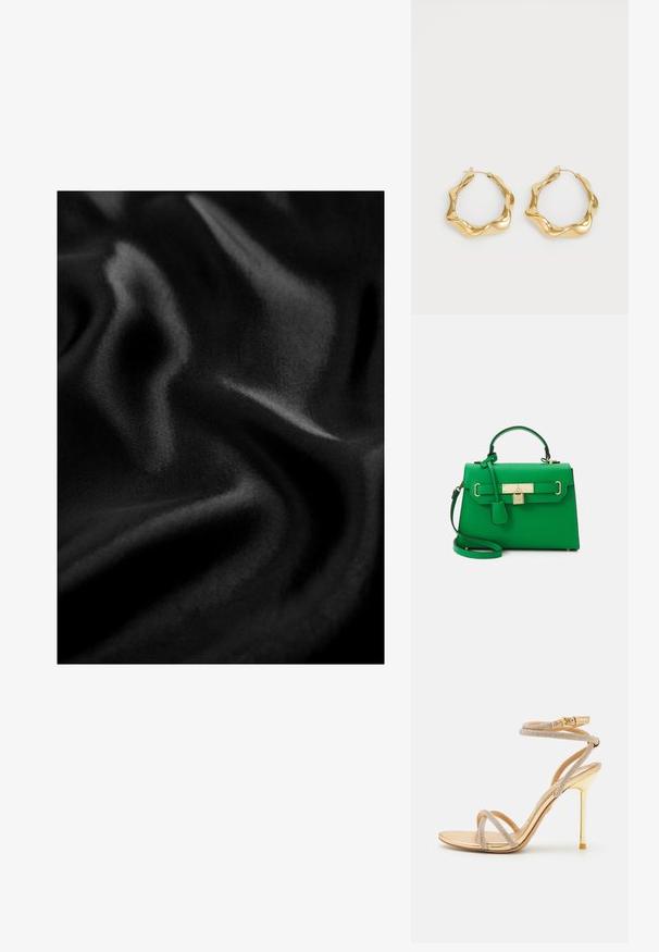 Tissu noir avec une texture lisse et brillante, présentant des plis et des ondulations qui créent une apparence dynamique. Couleur uniforme sur toute la surface.; ALDO MANAELDEN PILLOW WALK - Sandales à talons hauts - gold-coloured; Sac à main en cuir vert avec un design structuré, quincaillerie dorée, une poignée supérieure et une bandoulière amovible. Présente un accent de verrou et une finition texturée.; Boucles d'oreilles en or en forme d'anneau avec un design texturé et ondulé. Présentent une fermeture en fil fin et une surface polie et réfléchissante.