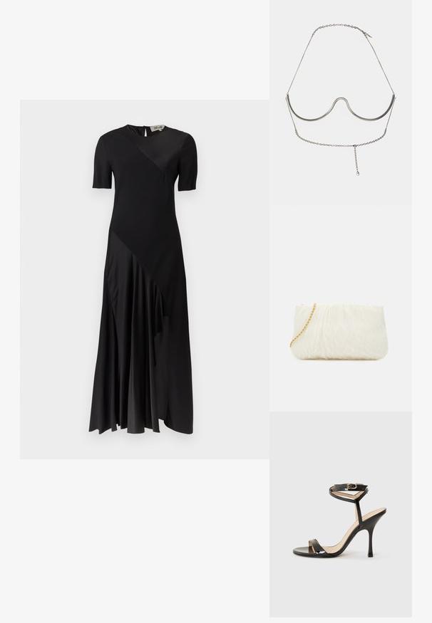 Abito midi nero con maniche corte, design asimmetrico. Realizzato in tessuto liscio con dettaglio drappeggiato e scollo tondo sul retro.; Sandalo alto in vernice nera con sottile cinturino alla caviglia e fibbia, open toe e sottile tacco a stiletto su sfondo bianco.; Clutch bianco con texture e design arricciato, dotato di una tracolla in catena dorata. Finitura liscia con leggere ondulazioni e bordi arrotondati.; Cult Gaia ASHA BODY JEWELRY - Altri accessori - bright shiny silver-coloured