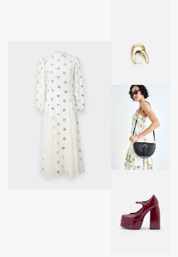 Sister Jane STARLIGHT MIDI DRESS - Cocktailjurk - white; Koi Footwear BITTER PLATFORM - Plateaupumps - mauve; Zwarte leren handtas met een gebogen vorm, afneembare schouderband en gouden hardware. De tas heeft een klep met een gespsluiting.; Gouden metalen oorbel met een slank, gebogen ontwerp. Beschikt over een kenmerkende puntige vorm, gepolijste oppervlakte en scharnier sluiting.