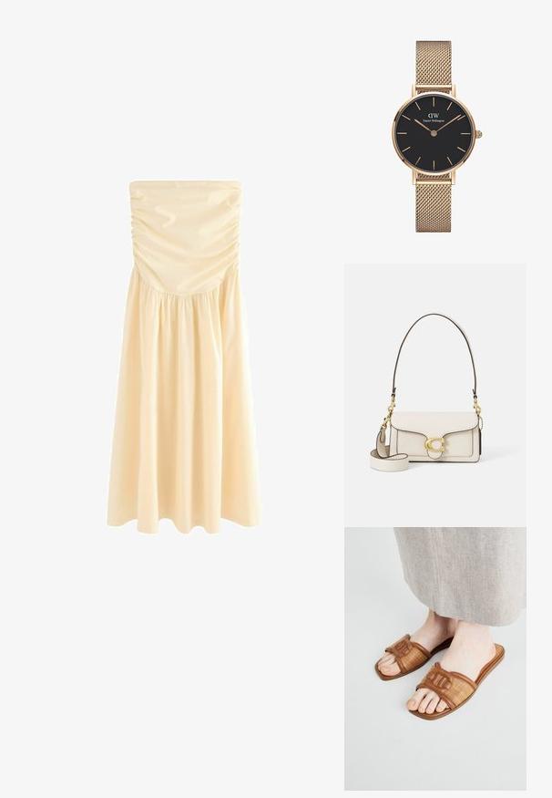 Rihmata kinnastega midi kleit heles bees, kus on kehakonstruktsioon ja volangiga seelik, mis tagab voolavuse. Sile ja kerge kangas.; Pruunid libisevad sandaalid, mis on kaunistatud kootud tekstiili ja siledast nahast aktsentidega, lamedal tallal ja kaunistatud rihmaga.; Kreem värvi nahk kõige tugevama disainiga käsitasku, kontrastsete mustade ääride, kuldsete metallist detailide ja eemaldatava rihmaga, millel on allkirja logo.; Daniel Wellingtoni kuldne võrgust käekell, millel on ümmargune must kellaplaat, kuldsed tunnimärgid ja logo kell 12. Lihtne, elegantne disain.
