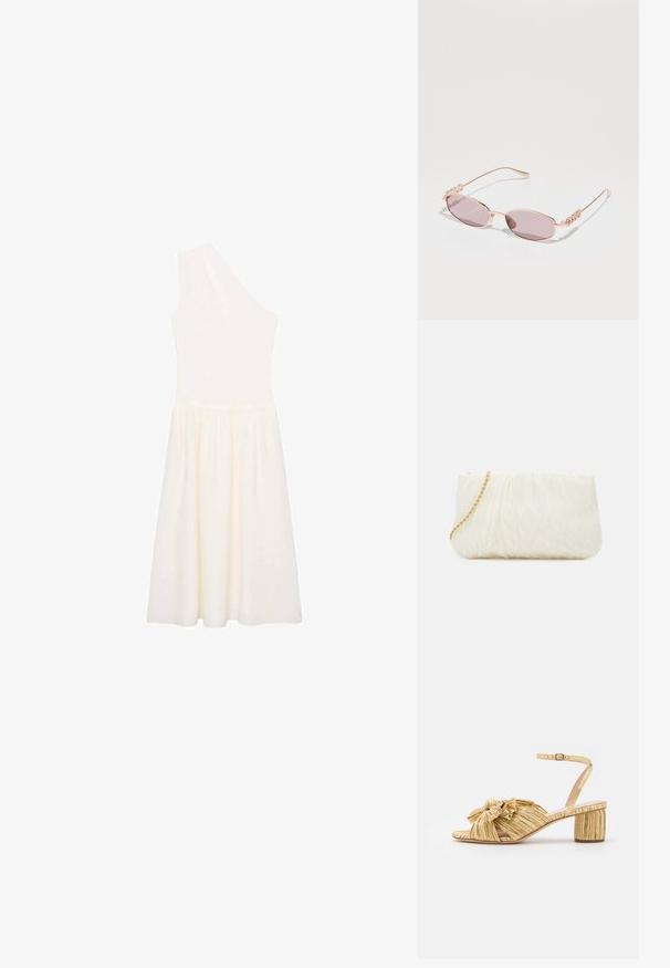 Rochie cu un umăr, până la genunchi, de culoare crem, realizată dintr-un material ușor, cu bustul croit pe corp și o fustă fluidă.; Sandale cu toc auriu, cu un design texturat, pliat și un detaliu proeminent sub formă de fundă. Curea pentru gleznă cu cataramă ajustabilă, toc mediu și gros.; Gucci GG1802S - Ochelari de soare - gold-gold-violet; Geantă de mână albă texturată, cu un design strâns, având o curea de lanț aurie. Finisaj neted cu valuri subtile și margini rotunjite.