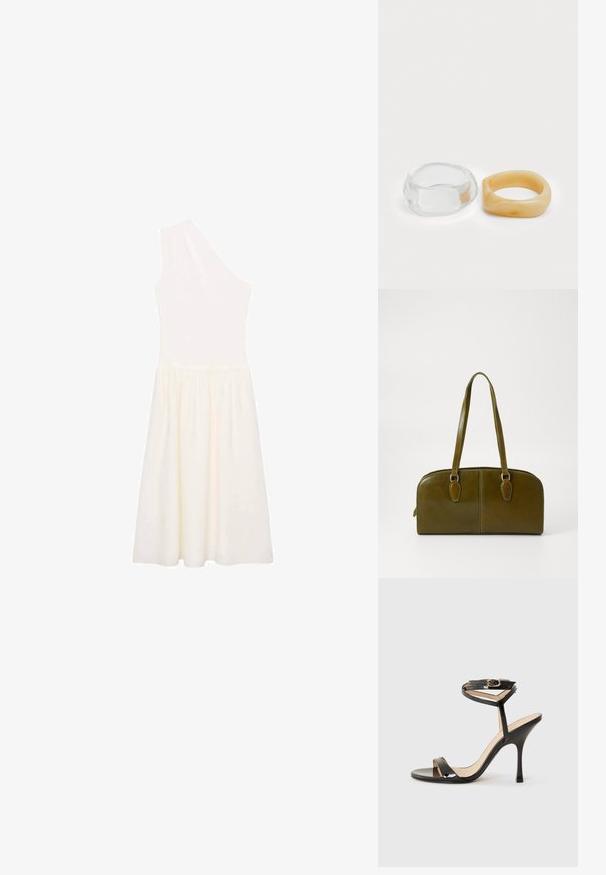 One-shoulder, knee-length dress in cream, made of lightweight fabric with a fitted bodice and a flowy skirt.; Black patent leather high-heeled sandal with thin ankle strap and buckle, open toe, and slender stiletto heel on white background.; Olive green leather handbag with a rounded shape, dual handles, and seamless front. Features a smooth texture and subtle stitching details.; Clear and amber resin rings, one smooth and transparent, the other with a textured, amber finish. Both feature rounded, chunky designs.