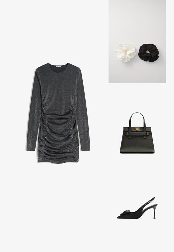 Abito lungo nero glitterato a maniche lunghe con arricciature sui lati e scollatura rotonda. Il tessuto ha un aspetto lucido e texturato.; Scarpa nera con tacco alto slingback, punta affusolata, materiale in tessuto, con un accento in raso a forma di fiocco sulla tomaia e un tacco a stiletto lucido.; Borsa a tracolla nera con manici corti, dotata di una chiusura e dettagli in oro. Il design è strutturato, con una silhouette geometrica.; Due satin scrunchies, uno bianco e uno nero, caratterizzati da un design arricciato e una texture liscia, mostrati su uno sfondo bianco semplice.