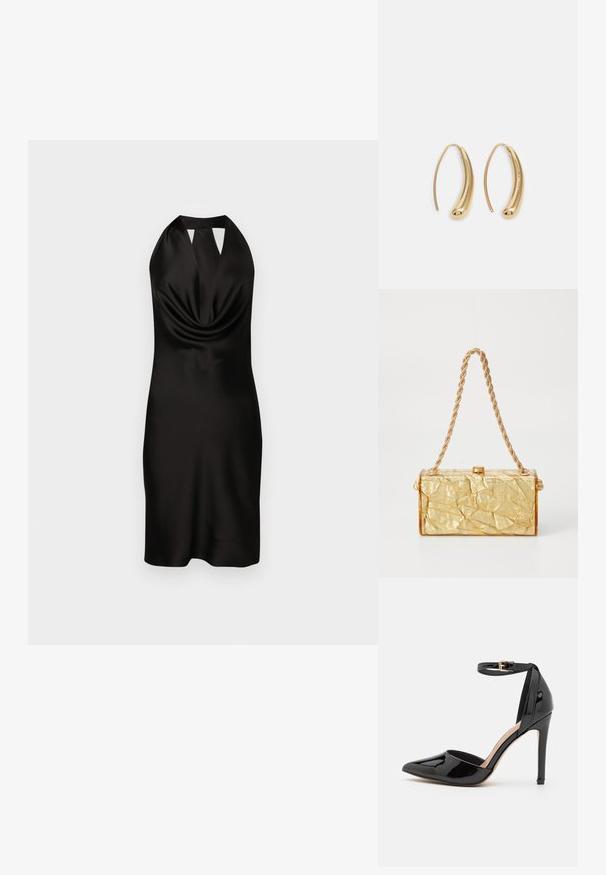 Svart satin halterneck-klänning med draperad front, figurnära silhuett och utskärning vid halsringningen, som når midjan på låret.; Svart lackläder högklackad sko med spetsig tå, ankelsnodd och smala stilettklackar. Slät yta med glänsande finish.; Handväska i guld med skrynklig textur och rektangulär form, försedd med en kedjestrap och ett spänne på toppen. Slät, glänsande yta.; Guldtonade metallörhängen i en kurvad, avlång form. Har en slät, glänsande yta och en rundad spets för en extra detalj.