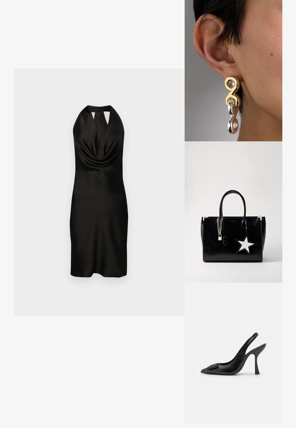 Vestido negro de satén con cuello halter, frente drapeado, silueta ajustada y detalle en corte en el escote, llegando hasta la mitad del muslo.; Zapato slingback de piel negra con punta afilada, tacón alto delgado y un lazo decorativo. Textura suave y diseño elegante.; Bolso de mano de charol negro con una forma elegante. Presenta herrajes de cadena plateada, una cerradura y un acento de estrella blanca en el lateral.; Pendientes de oro y plata presentan un diseño en bucle con un acento de piedra preciosa clara, mostrando un acabado metálico brillante y texturas suaves.
