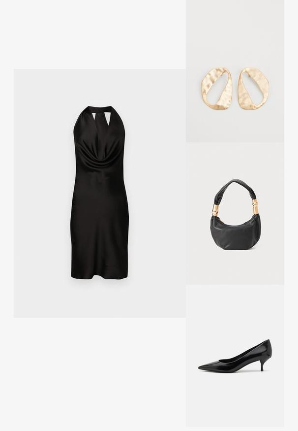 Juoda satino halterio suknelė su drapiruota priekiu, prigludusia siluetu ir išpjova prie kaklo, siekianti iki vidurinės šlaunies.; Juodas lakuotas aukštakulnis batelis su smailiu pirštu ir žemu stiletu. Lygus paviršius ir minimalistiškas dizainas, be matomų raštų ar akcentų.; Juodas odinis rankinukas apvalios formos, minkštos tekstūros su susietu rankena ir auksinės spalvos detalėmis. Užtrauktuko uždarymas.; Nedidelis nereguliarus ovalo formos aukso tono metalinių auskarų pora su tekstūruota, šiek tiek kalta paviršiumi ant balto fono.
