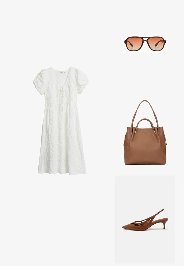 Hvid kjole med tekstureret stof, korte puffærmer, V-udskæring og en bånddetalje ved barmen, der falder til midt på læggen.; Brune læderslingback med spids tå, udskæringsdesign og stikninger. Har en slank hæl og justerbar rem.; Brune solbriller med en rektangulær ramme og gradient orange linser. Rammen har en mat finish og har et centralt udskæringsdetalje.; Brun læder tote taske med tekstureret overflade, to lange håndtag og åbning i toppen. Har guldfarvet hardware og sidelommer med lynlås.