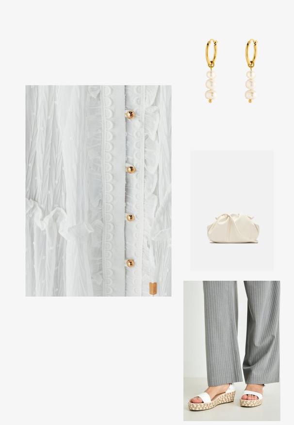 Hvid kjole med tekstureret stof, flæser, cirkulær blondekant og guldtonede knapper. Subtil prikmønster forbedrer designet.; Hvide kilehæle med en vævet espadrille-sål, der har en glat overdel og en subtil metallisk detalje ved hælen. Grå stribede bukser er synlige.; Cremefarvet, blødt kunstlædertaske med sammenkrøllede detaljer, justerbar rem og diskret snørelukning. Glat overflade og afrundet form.; Guld hoop øreringe med tre hvide perler, der fremviser en glat tekstur og en rund form, med en lille guld accent under perlerne.