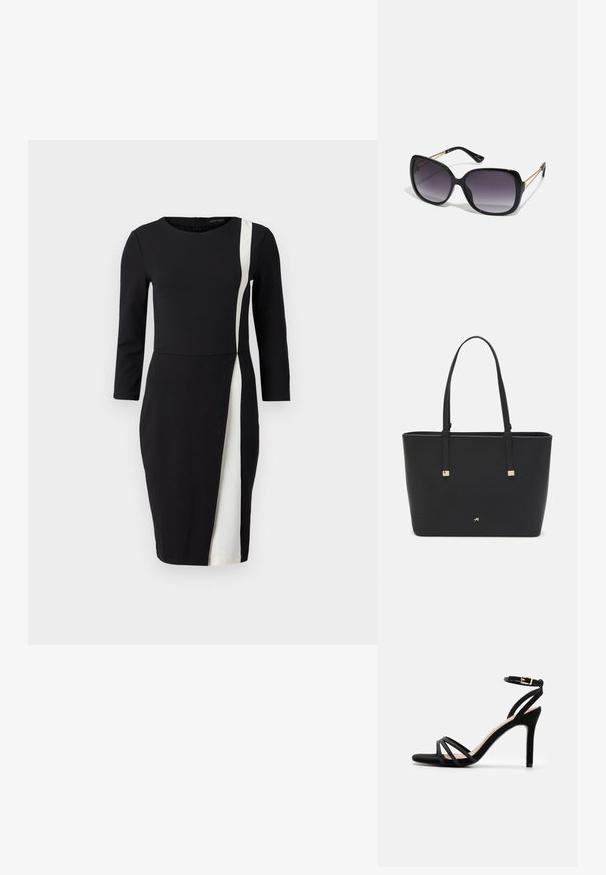 Black dress with three-quarter sleeves, featuring a white diagonal stripe. Made of smooth fabric, fitted waist, and knee-length design.; Anna Field Sandals - black; Black oversized sunglasses with gradient lenses, thick frames, and gold-tone chain detailing on the temple arms.; Black tote bag made of synthetic material, featuring simple rectangular design, gold square accents, and double handles.
