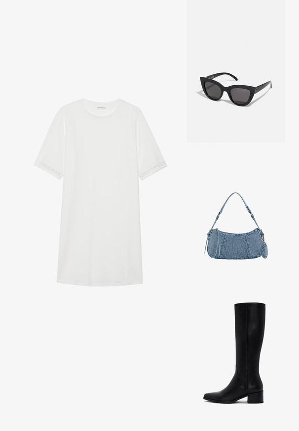 Witte t-shirt jurk van katoen met korte mouwen. Heeft decoratieve kanten details aan de mouwranden. Eenvoudige, ontspannen snit.; Zwart leren laarzen tot de knie met een puntige neus, blokhak en een gladde textuur. Heeft een strak ontwerp met minimale details.; Zwarte cat-eye zonnebril met een matte afwerking, voorzien van grijs getinte glazen, scherpe hoeken en slanke zijarmen. Merkennaam zichtbaar op de binnenarm.; Denim handtas met een gebogen vorm, lichtblauwe kleur, verstelbare schouderriem en een kleine afneembare pouch met metallic accenten.