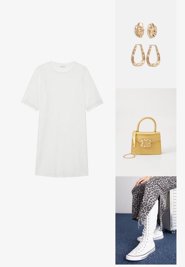 Valkoinen t-paitamekko puuvillasta, jossa on lyhyet hihat. Mekossa on koristeellista pitsikoristusta hihojen reunoilla. Yksinkertainen, rento leikkaus.; Valkoiset nauhalla varustetut saappaat, joissa on korkea varsi, on valmistettu kankaasta ja joissa on mustia yksityiskohtia. Yhdistetty harmaaseen leopardikuosisu skirt, jossa on sivureiät.; Keltainen keinonahkainen krokotiililaukku, jossa on jämäkkä muotoilu, yläkahva, irrotettava ketjusanka ja koristeellinen kristallikoristelu lukossa.; Korukultainen korvakorut, joissa on teksturoituja, aaltoilevia muotoja. Mukana on veistokselliset klipsikorvakorut ja avoin rengasmalli, jossa on vasaroitu pinta.