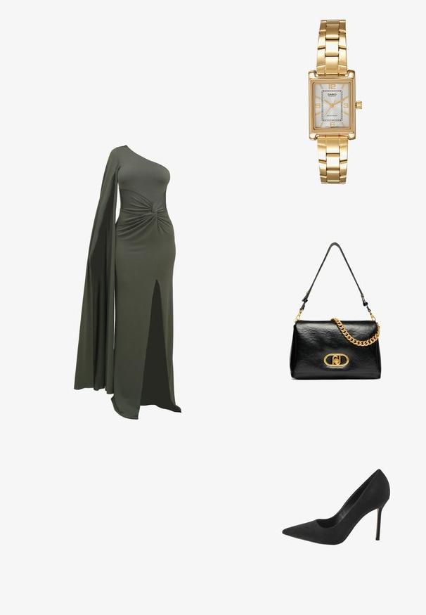 Rochie verde, cu un singur umăr, confecționată dintr-un material neted și elastic. Prezintă un detaliu răsucit la talie și o fante înaltă pe o parte.; Pantofi cu toc înalt din suede negru, cu vârf ascuțit și detaliu decupat pe lateral; prezintă un toc subțire de tip stiletto și căptușeală interioară netedă.; Geantă de umăr din piele neagră cu textură plisată, accent de lanț aurit și o clapetă aurie proeminentă cu un logo oval. Rucsă ajustabilă.; Ceas de mână rectangular cu nuanță aurie, cu un cadran alb, marcaje argintii pentru ore și o brățară din linkuri metalice durabile. Include caracteristica de rezistență la apă.