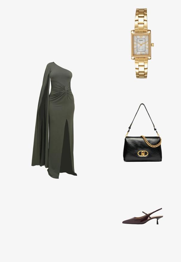 Zielona sukienka na jedno ramię, wykonana z gładkiego, elastycznego materiału. Posiada skręcony detal w pasie oraz rozcięcie sięgające uda po jednej stronie.; Burgundowe skórzane sandały na obcasie z wąskim paskiem wokół kostki, zakończone spiczastym noskiem i małym obcasem. Gładka faktura z błyszczącym wykończeniem.; Czarna skórzana torba na ramię o pomarszczonej fakturze, z złotym łańcuszkiem i wyraźnym złotym zapięciem z owalnym logo. Regulowany pasek na ramię.; Złoty prostokątny zegarek na nadgarstek z białą tarczą, srebrnymi znacznikami godzin i wytrzymałym metalowym bransoletą. Wbudowana funkcja wodoodporna.