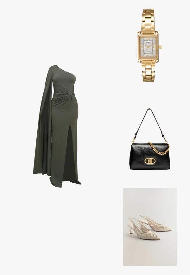 Žalia, vieno peties suknelė pagaminta iš lygaus, tamprių audinių. Turi sukimosi detalę juosmens srityje ir šlaunies aukščio iškirpimą iš vienos pusės.; Šviesiai rudi slingback aukštakulniai su smailiais pirštais, turintys išpjovų dryžuotą dizainą, nustačiusios austi detales ir mažą blokuotą kulną. Lygi paviršiaus apdaila.; Juodas odinis peties krepšys su raukšlėtu paviršiumi, auksiniu grandinėlės akcentu ir ryškiu auksiniu užsegimu su ovalo formos logotipu. Reguliuojama peties juosta.; Aukso spalvos kvadratinis laikrodis su baltu ciferblatu, sidabro spalvos valandų žymekliais ir patvariu metaliniu apyrankiu. Įtrauktas vandeniui atsparus funkcionalumas.