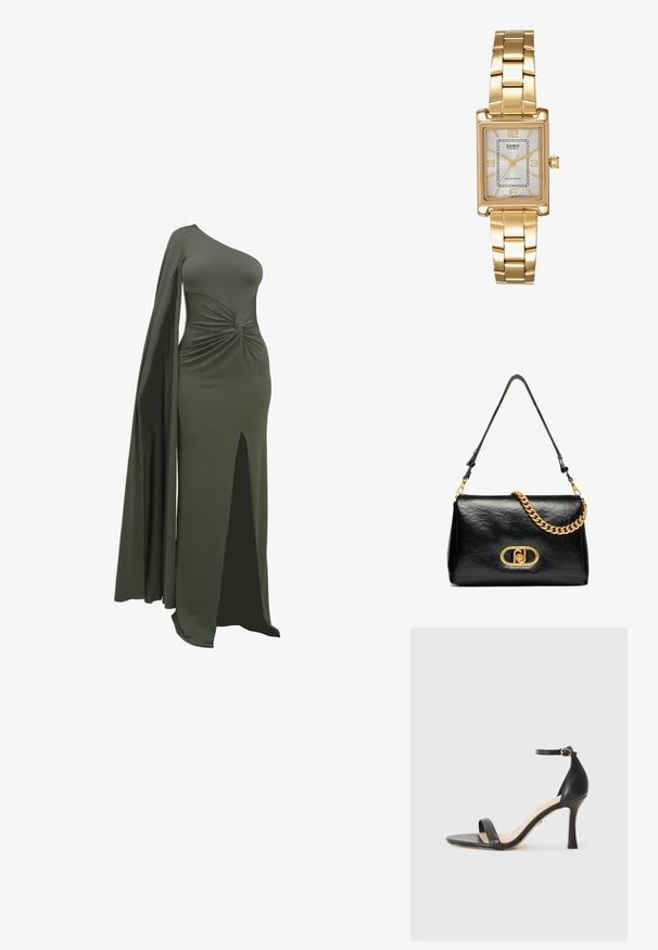 Zelené, jednoramenné šaty vyrobené z hladkého, elastického materiálu. Mají zkroucený detail v pase a rozparek až ke stehnům na jedné straně.; Černé kožené sandály na vysokém podpatku s tenkým páskem kolem kotníku, otevřenou špičkou a elegantním, zakřiveným podpatkem. Texturovaná podrážka a minimalistický design.; Černá kožená kabelka přes rameno s pomačkanou texturou, zlatým řetízkem jako doplňkem a výraznou zlatou sponou se oválným logem. Nastavitelný ramenní popruh.; Zlatý obdélníkový náramkový hodin s bílým ciferníkem, stříbrnými indexy a odolným kovovým náramkem. Obsahuje voděodolnou funkci.