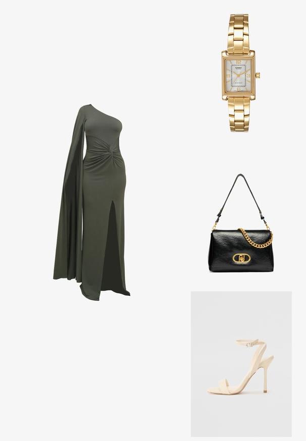 Vihreä, yhdelle olkapäälle suunniteltu mekko, joka on valmistettu sileästä, venyvästä kankaasta. Sisältää kietaisuyksityiskohdan vyötäröllä ja reiteen saakka ylettyvän halkion yhdellä puolella.; Beige korkokengät, joissa on hoikka nilkkaremmi ja neliön muotoinen kärki. Sileää synteettistä materiaalia, minimalistinen muotoilu ja korkea piikkikorko.; Mustakimainen mustasta nahasta valmistettu olkalaukku, jossa on rypistynyt pinta, kultaketjuviimeistely ja huomattava kultasuljin, jossa on soikea logo. Säädettävä olkahihna.; Kulta-tone suorakulmainen rannekello, jossa on valkoinen kellotaulu, hopeanväriset tuntimerkit ja kestävä metallinen linkkiranneke. Mukana vedenkestävyysominaisuus.