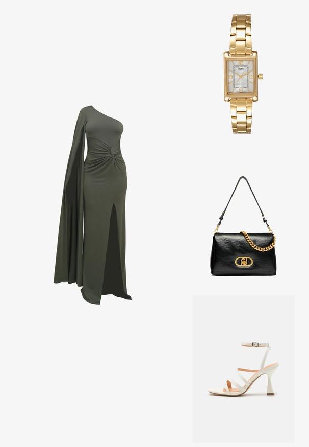 Abito verde a spalla unica realizzato in tessuto liscio e elasticizzato. Presenta un dettaglio attorcigliato in vita e uno spacco alto fino alla coscia su un lato.; Sandalo alto con cinturino bianco, tacco a spillo, texture liscia, punta quadrata e tacco scolpito. Soletta beige chiaro.; Borsa a spalla in pelle nera con texture rugosa, accentata da una catena dorata e un grande fermo dorato con logo ovale. Cinghia regolabile.; Orologio da polso rettangolare dorato con quadrante bianco, indicatori delle ore in tono argento e un robusto bracciale in metallo. Include la funzione di resistenza all'acqua.