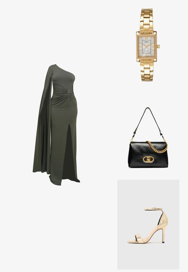 Grøn, en-skulder kjole lavet af glat, strækbart stof. Har en snoet detalje i taljen og en høj slids op til låret på den ene side.; Guldmetallisk højhælet sandal med en tynd ankelrem, åben tå og et elegant design. Har en glat overflade og minimalistiske detaljer.; Sort læder skuldertaske med en krøllet tekstur, guldkæde detalje og en fremtrædende guldspænde med et ovalt logo. Justerbar skulderrem.; Guldtonet rektangulær armbåndsur med en hvid skive, sølvtonede time markører og et holdbart metalled. Vandafvisende funktion inkluderet.
