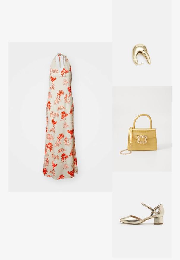 Abito lungo in tessuto crema con illustrazioni rosse di alberi e persone, con collo all'americana e dettagli a nodo, silhouette fluida e lunghezza alla caviglia.; Scarpe con tacco in metallo dorato, con punta arrotondata, cinturino alla caviglia e tacco a blocco. Texture liscia con una finitura lucida e design con cinturini incrociati.; Borsa finta coccodrillo gialla con design strutturato, manico superiore, tracolla a catena removibile e abbellimenti in cristallo decorativi sulla chiusura.; Orecchino in metallo color oro con un design elegante e curvo. Presenta una forma appuntita distintiva, superficie lucida e chiusura a cerniera.
