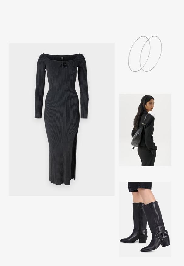 Ribbed, long-sleeve dress in dark gray with an off-the-shoulder neckline and a side slit. Material is soft and stretchy.; Black leather knee-high boots with square toes, a side zipper, and a decorative strap with a circular buckle. Slightly textured finish.; Woman with long dark hair wearing a black suit, carrying a black leather shoulder bag, looking over her shoulder against a white background.; Silver hoop earrings with a minimalist design. Circular shape, smooth texture, and thin profile. Lightweight with a polished finish.